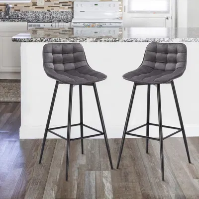 Soft Velvet Seat Bar Chairs Breakfast Kitchen Counter Chairs Metal Legs Barstools Light Grey High Stools